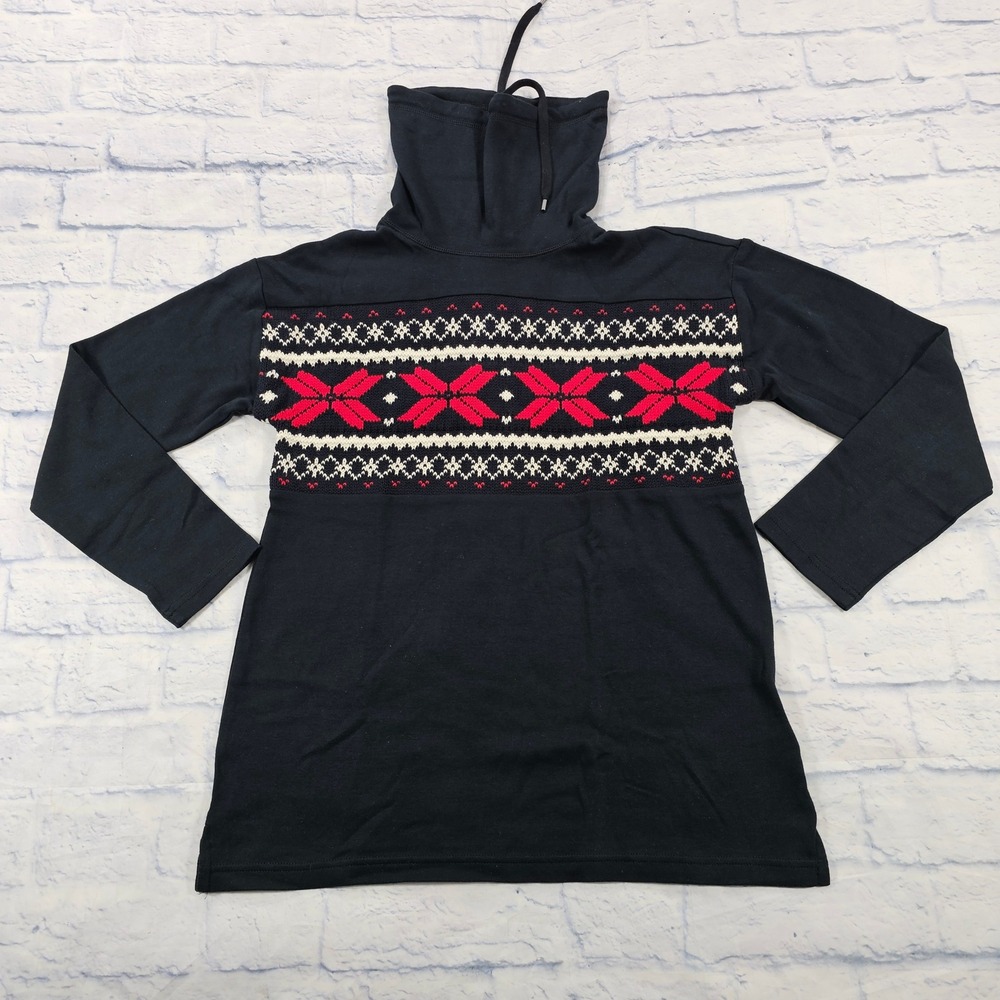 Chaps Funnel Neck Top Womens Small Black Fair Isle Accent Long Sleeve Casual